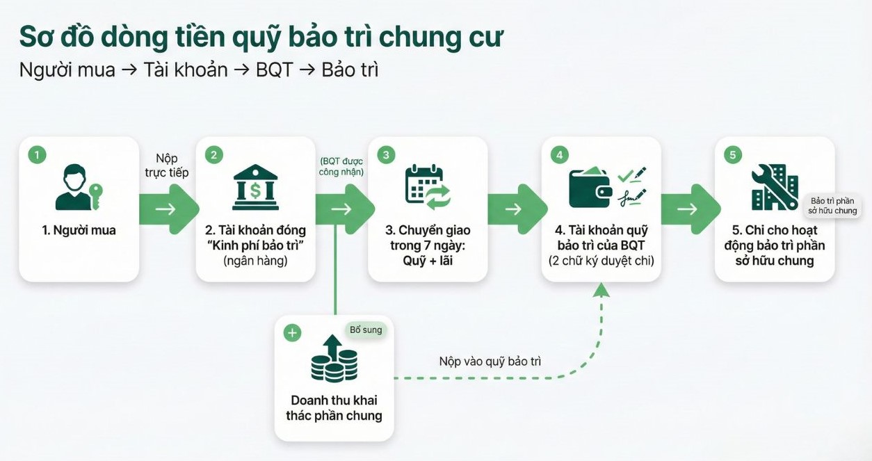  Sơ đồ d&ograve;ng tiền quỹ bảo tr&igrave; (Người mua &rarr; T&agrave;i khoản &rarr; BQT &rarr; Bảo tr&igrave;)